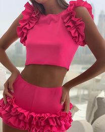 Women's Swimwear 2023 Sexy Cherry Red Shorts Set Women Beach ONeck Ruffles Off Shoulder 2pcs Sets Crop Tops 230914