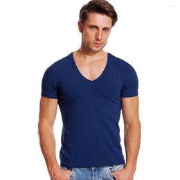 Men's Suits A2105 Solid V Neck T Shirt For Men Low Cut Stretch Vee Top Tees Slim Fit Short Sleeve Fashion Male Tshirt Invisible