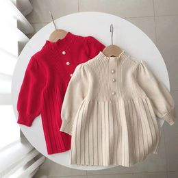 Girls Dresses Bubble Sleeve Woolen Dress Autumn And Winter Fashionable Red Princess Pleated Little Fragrant Baby Knitted 230914