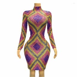 Casual Dresses Women Shiny Multicolor Rhinestone Elastic Sexy Half High Collar Long Sleeve Wrap Hip Dress Party Stage Performance Costume