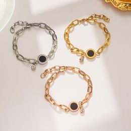 Link Bracelets Luxury Gold Colour Stainless Steel Crystal Pendant Bracelet For Women 2023 Trendy Circle Roman Numerals Bangle Party Jewellery