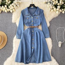 Casual Dresses Vintage Denim For Women Long Sleeve Turn-down Collar Lapel Single Skinny Vestidos Autumn Ladies Dress Dropship