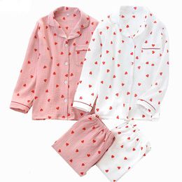 Women's Sleepwear Spring Ladies Pyjamas Set Heart Printed Crepe Cotton Double-layer Gauze Turn-down Collar Long-sleeve Trousers Household Wear 230914