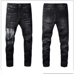 Mens Designer Jeans High Elastics Distressed Ripped Slim Fit Motorcycle Biker Denim For Men s Fashion Black Pants#030293r