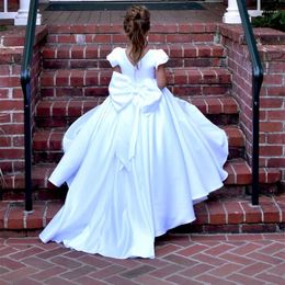 Girl Dresses White Flower Dress With Long Train Girls Princess Bow Wedding Party Birthday Communion Fashion Vintage