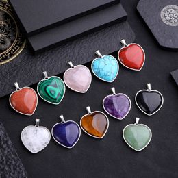 Natural Stone Heart Shape Pendant Amethyst Opal Rose Quartz Crystal Pendant Couple Charms for Jewellery Making Necklaces