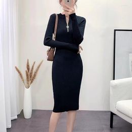 Casual Dresses 2023 Autumn&Winter Korean Style Retro Elegant Sexy Long Sleeve Half Zipper Waist Slimming Sheath Bottom Knitted Dress For