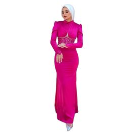 Fuchsia Muslim Evening Dresses High Collar Bead Sequin Morocco Womens Formal Dress Satin Arabic Dubai Female Vestidos De Soiree 326
