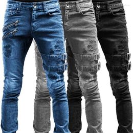 Men's Jeans Men Slim Biker Ripped Long Denim Trousers Skinny Pocket Side Straps And Zips Male Jogging Pants Destroyed Stretch188P