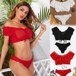 Men's Sleepwear Sexy Pajama Woman See-through Mesh Explosive Underwear Large Size Bag Buttock Two-piece Set