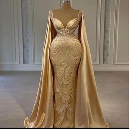 Gold Mermaid Prom Dresses With Wrap Beaded Lace Appliqued 2021 Evening Dress Party Second Reception Gowns Plus Size243T