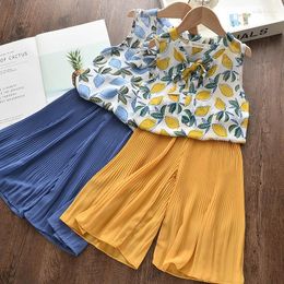 Clothing Sets Summer Baby Girls Clothes Suits Cool Breathable Chiffon Sleeveless Shirt Wide Leg Pants Two Piece Children's Set 2-6year