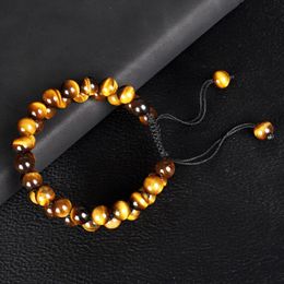 8mm Double Layer Tiger Eye Bracelet Natural Stone Double Row Woven Adjustable Bracelets Wristband Bangle Cuff Women and Men Jewelry