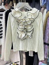 Women's Knits Korejepo Gentle Art V-neck Tops Early Autumn 2023 Panel Contrast Ruffle Edge Long Sleeve Shirt Women French Elegant Top