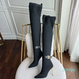 95mm strech suede Boots Skye Logo Knit tall Boot pointed Toe stiletto heel Runway luxury designers shoes heeled for women factory footwear