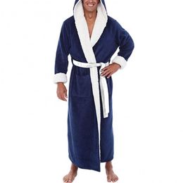 Men's Robes Pockets Soft Men Coral Fleece Colour Block Long Bath Robe Home Gown Sleepwear 230914