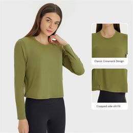 L203 Women Cropped Sweatshirts Yoga Long Sleeve Shirts Elastic Skin-Friendly Breathable T Shirts Sportswear Side Slit Fit Fitness 241M