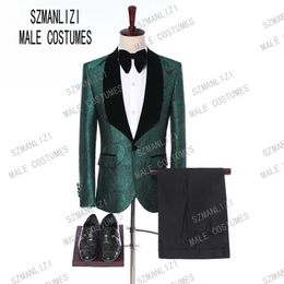 Men Suits With Pants 2019 Italian Tuxedo Slim Velvet Lapel Green Leaves Formal Groom Wedding Prom Party Suits Man Blazer279J