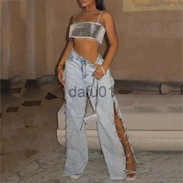 Women's Jeans Women's Jeans Fashion MUlti-chain Splicing Female Sexy Low Leg Flared Trousers Women Waist Wide Denim Pants Trend Streetwear x0914