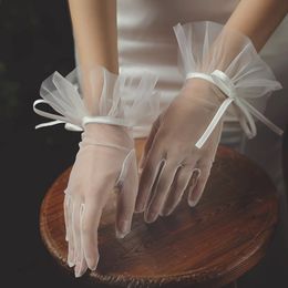 Elegant Women Wedding Bridal Short White Gloves Breathable Tulle Ribbon Bow Brides Bridesmaid Accessories