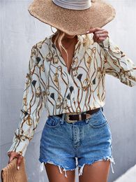 Women's Blouses 2023 Summer Print Shirts Fashion Chain V Neck Off Shoulder Long Sleeve Button Blouse Elegant Loose Office Women Tops