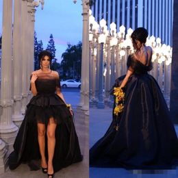 2020 High Low Black Prom Dresses Satin Tulle Sweep Train Tiered Skirt Sweetheart Off Shoulder Evening Gowns Formal Occasion Wear P254a