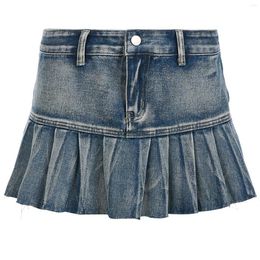 Skirts Y2K Low Waist Retro Washed Women Girl Irregular Design Pleated Hem Aesthetic Fairy A-line Punk Outfits