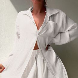 Women's Swimwear Women Casual Solid 2 Piece Fashion Long Sleeve Lapel Button ShirtShorts Sets Loose Beach Swimsuit Sun Protection Suits 230914
