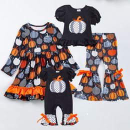 Family Matching Outfits Girlymax Halloween Fall Autumn Sibling Baby Girls Dress Pants Set Ruffles Romper Pumpkin Polka Dot Kids Clothing 230914