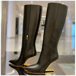 women's fashion pointed high heels high Zip boots knee-high riding boots Gold metal carved heel fashion elegant designer brand shoes factory shoes