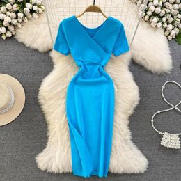 Casual Dresses 2023 Summer Korean Hollow Out Sexy Dress Women's Short Sleeve Cross V-Neck Waist Slim Mid Length Knitted Wrap Hip Women