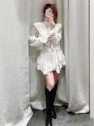 Women's Two Piece Pants Round Collar Embroidered Shirt A-shaped Short Skirt Fairy Half Niche Light Luxury Suit French Middle Sleeve