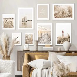 See Strand Landschaft Bild Leinwand Malerei Wand Kunst Böhmen Beige Gras Blume Schilf Poster und Druck Hause Wohnzimmer Dekor L01