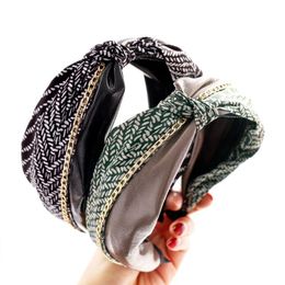 Headbands Preppy Style Stitched Print Girls Headband Wide Side Leather Hairband Soft Centre Knot Turban Solid Handmade Hair Accessorie Dheoh