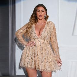 Plus Size Dresses 2023 Women Long Sleeve V-Waist Short Dress Tassel Sequins Sexy Prom Party Evening Oversized