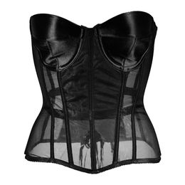 Women Sexy Satin Mesh Overbust Corset 2022 Spring New Ultra Lightweight Lingerie Casual Vintage Bustier Slim Body Belts See Throug198y