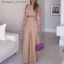 Womens Tracksuits Womens Two Piece Pants Women Suits No Belt Sleeveless Halter Cropped Tops Sashes Wide Leg High Waist Straight 2 Female Sets Summer Streetwear L2309