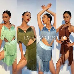 Stage Wear Sexy Tassel Latin Dance Costume Women Fringe Tops Skirt Performance Suit Cha Samba Dress Practice Clothes DNV17415