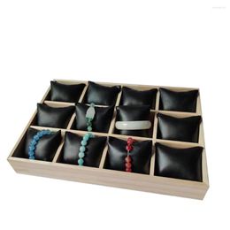 Jewelry Pouches Solid Wood Watch Storage Tray Portable 12Grids Chain Bracelet Pillow Holder Ring Necklace Bangle Organizer Cushion Box