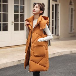 Women's Vests Autumn Winter Mid-length Sleeveless Puffer Jacket Women Down Cotton Vest Hooded Slim Thick Warm Korean Waistcoat Pockets