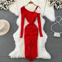 Casual Dresses Women Long Sleeve Diagonal Collar Drawstring Sexy Bodycon Slip Dress Vintage Fashion Knit Tight Vestido Elegant Slim Sweater