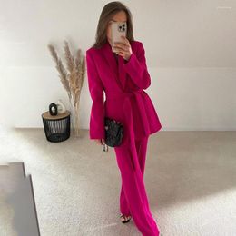 Women's Two Piece Pants Fashion Rose Red Suit Coats Women High Street Long Sleeve V-Neck Blazer With Belt Office Ladies Lace Up Outerwear