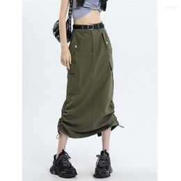 Skirts With Belt 2023 Spring Summer Army Green Frock Women Drawstring Fold Aplit A-Line Skirt Ladies High Waist Casual Long Saia