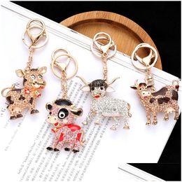 Jewellery Rhinestone Crystal Lovely Cow Keychain Keyring For Car Handbag Key Holder Wholesale 8 Styles Drop Delivery