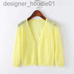 Women's Cape Ice thin knit women's cardigan short V-neck hollowed out small coat sun protection ja L230914