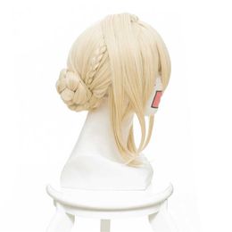 Violet Evergarden Ponytail Braid Buns Blonde Heat Resistant Hair Peluca Anime Cosplay Costume Wig Wig Cap257E