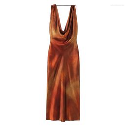 Casual Dresses YENKYE Fashion Women Sexy Backless Satin Print Dress Asymmetrical Spaghetti Straps Flowy Neckline Female Party Long Vestidos