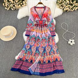 Vintage Ethnic Style Bohemian Large Swing Long Skirt Loose Waist Show Thin Single breasted A-line Printed Dress