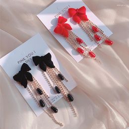 Dangle Earrings MWSONYA Fashion Korea Elegant Black Red Velvet Bowknot For Women Long Rhinestone Chain Pearl Tassel Jewellery Gift