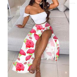 Work Dresses Summer Sexy Slim Off Shoulder Women's Top And High Waist Split Skirt Bohemian Style Two Piece Fashion 2023 Suit